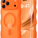 3 in 1 Magnetic for iPhone 17 Pro Case, 1X Screen Protector+1X Wrist Strap, Cute Wavy[Full Camera Protection] [Fit for MagSafe], Trendy Matte Women Girly Case for iPhone 17 Pro 6.3", Cosmic Orange