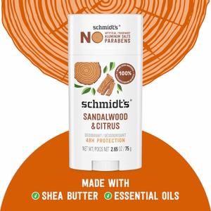 Schmidt's AluminumFree Vegan Deodorant Sandalwood & Citrus for Women and Men, with 24 Hour Odor Protection, Natural Ingredients, CrueltyFree, 2.65 oz