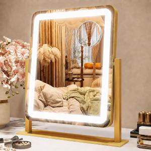 ROLOVE Vanity Mirror with Lights, Lighted Vanity Mirror with Dimmable 3 Modes, LED Makeup Mirror, Touch Screen Control, for Makeup Desk, Dressing Room, Gold, 23x19 Inch