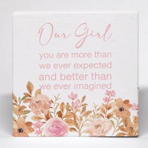 Pink Girl Nursery Decor Wood Box Sign, Girls Room Desk Decoration, Baby Shower Gifts for Girls, Our Girl You are More than We Ever Expected Wooden Box Block Sign for Girly Room Nursery Shelf Decor