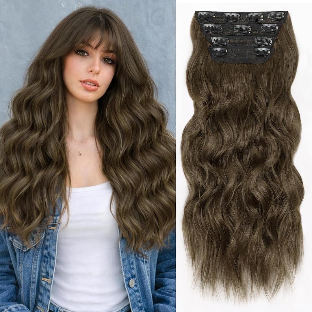 ALXNAN Clip in Long Wavy Synthetic Hair Extension 24 Inch Light Chestnut Brown 4PCS Thick Hairpieces Fiber Double Weft Hair for Women