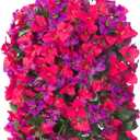Artificial Bougainvillea Faux Flowers Plants Baskets for Outdoor Outside Decoration, 3PCS Fake Silk Flowers Long Trailing Vines UV Resistant Realistic for Front Door Porch Patio Balcony, Purple Hot pink