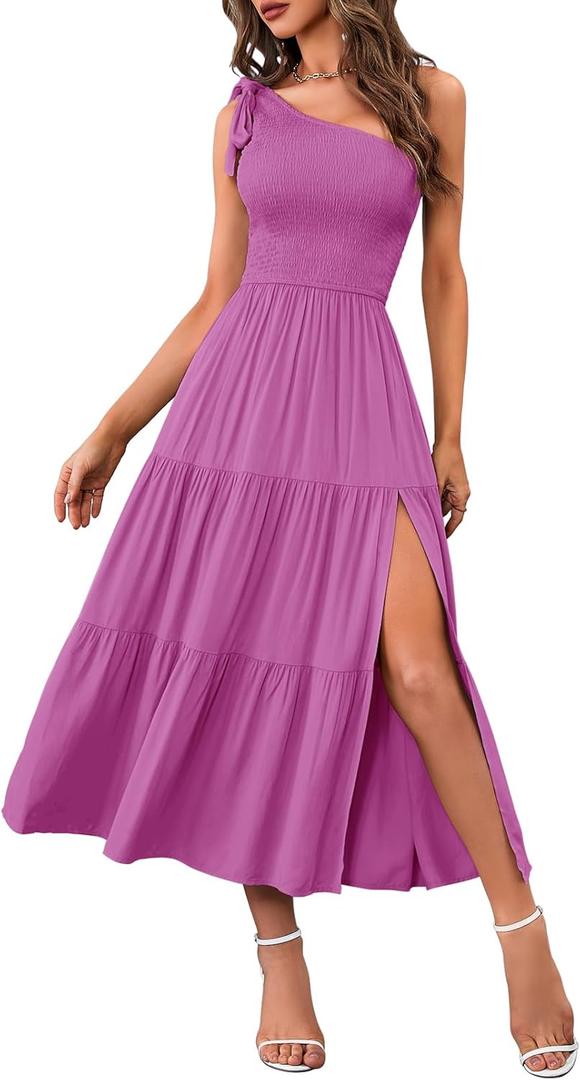 MEROKEETY Women's Summer One Shoulder Sleeveless Knot Smocked Midi Dress Split Tiered Flowy Dresses (Medium, Plum)