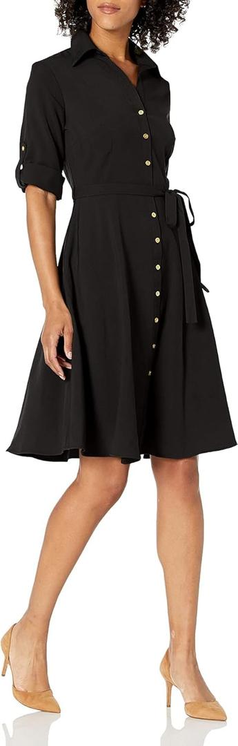 Sharagano Women's Button Front Pleated Shirt Casual Dress (12, Very Black)