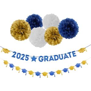 Navy-Blue White-Gold Party-Decoration Graduation Banner - 8pcs Kits Cap Garland Streamers, Paper Tissue Pom Poms Flowers, 2025 Craduate Banner Congratulations Grad Decor Lasting Surprise