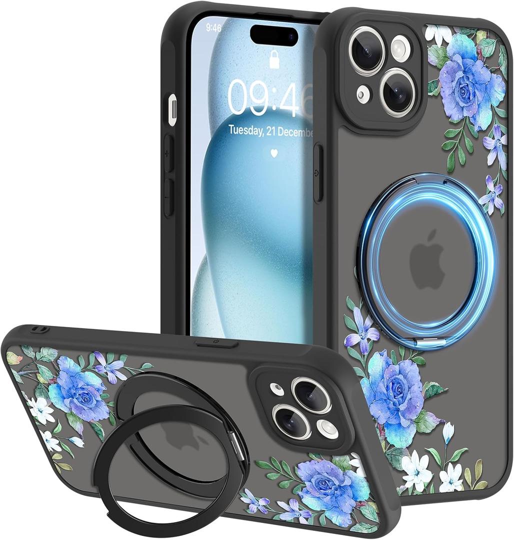 AIGOMARA 360 Spin Magnetic Stand for iPhone 15 Case,Compatible with MagSafe,Flower Pattern with Soft TPU and PC Back Protection Semi-Transparent Frosted Design for Women Blue