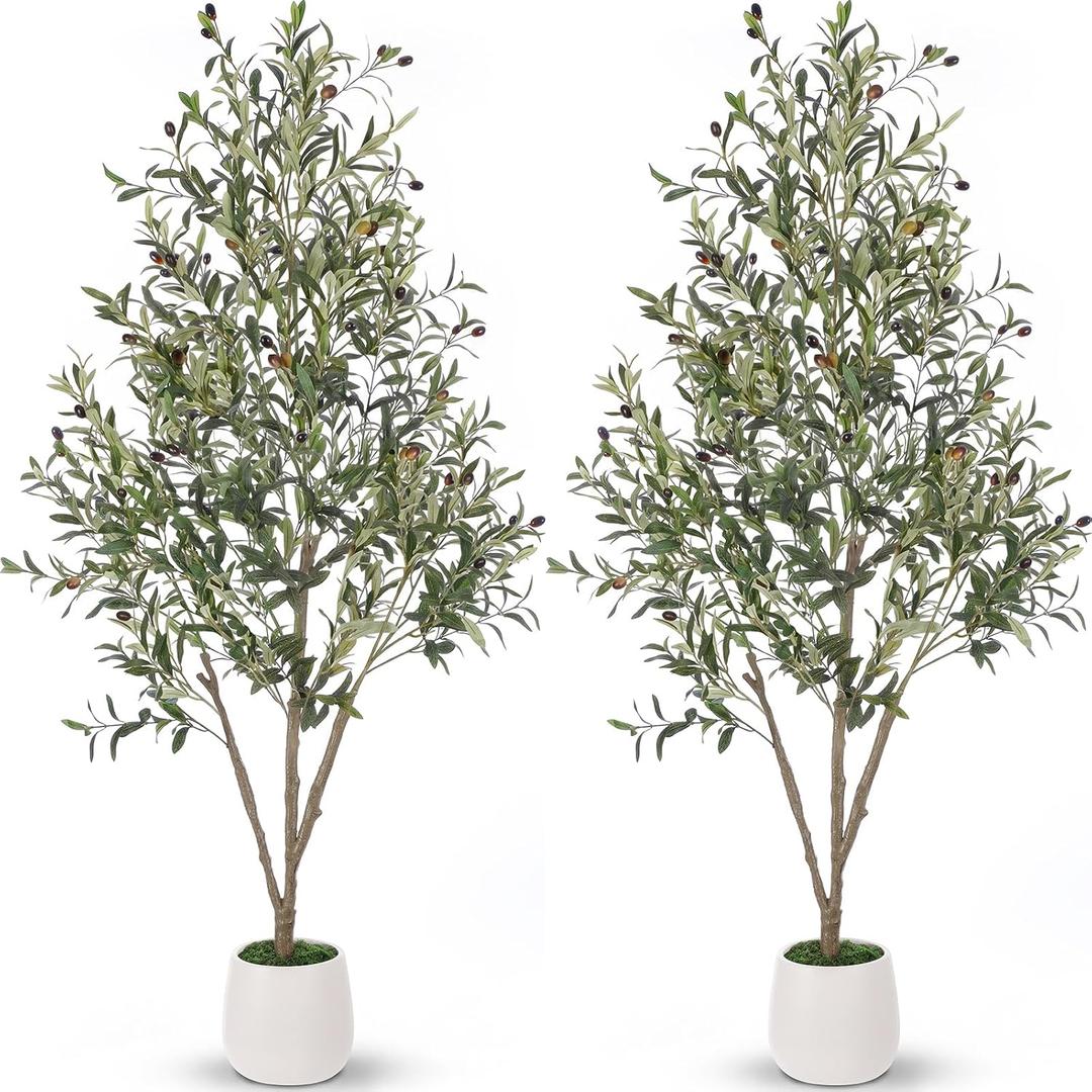 Giegxin 2 Pcs Olive Trees Artificial Indoor 5 ft Tall Faux Silk Tree with White Planter and Lifelike Large Olive Plants for Office Shop Home Decor Housewarming Gift