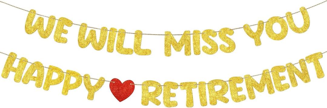Fulmoon Pre Strung Happy Retirement and We Will Miss You Banner Bunting Retirement Party Decorations Goodbye Party Banner for Men Women Going Away Army Farewell Gift(Gold)