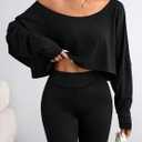 Hilinker Womens Off Shoulder Long Sleeve Crop Tops Sexy Boat Neck Loose Casual T Shirt (Black)