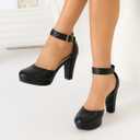 Women's High Block Heels Pumps Round Closed Toe Ankle Strap Wedding Dress Shoes (9.5, Black)