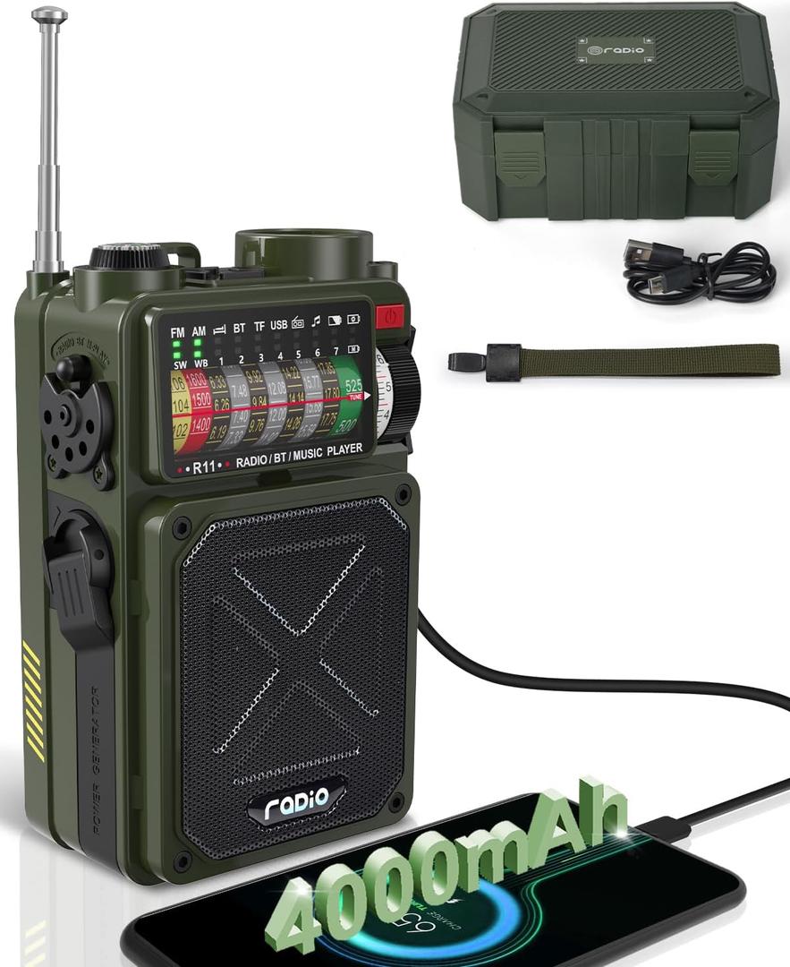 R11 Emergency Crank Radio - 4000mAh/14800mWh NOAA/SW/AM/FM, Solar/Hand Crank/USB Charging, Bluetooth Receiver/USB/TF Playback,with Compass,Flashlight,SOS for Camping & Emergencies - Green