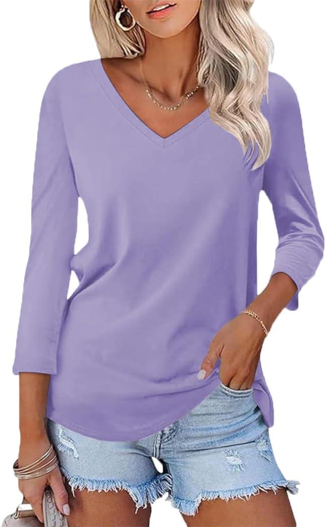 Poetsky Women's V Neck 3/4 Sleeve T Shirt Casual Loose Basic Tops Summer Tee Blouses (L)