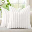 decorUhome Summer Cozy Faux Fur Throw Pillow Covers 22x22 Set of 2 Decorative Soft Plush Striped Modern Farmhouse Boho Couch Euro Sham Pillow Cases with Velvet Back for Sofa Bed Living Room, White