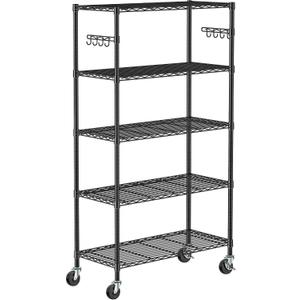 Folews 5 Tier Storage Shelves with Wheels - Adjustable Wire Shelving Unit Metal Shelves for Storage Rolling Utility Shelf Organizer Rack for Kitchen Garage Pantry Closet Laundry(14D x 36W x 75H)