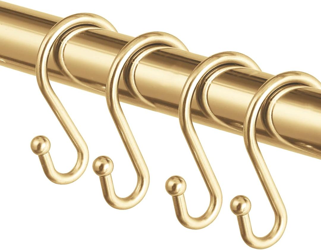 Metal Shower Curtain HooksSet of 12 RingsRust Resistant S Shaped Hooks Hangers for Shower Curtains, Kitchen Utensils, Clothing, Towels, etc. (Gold)