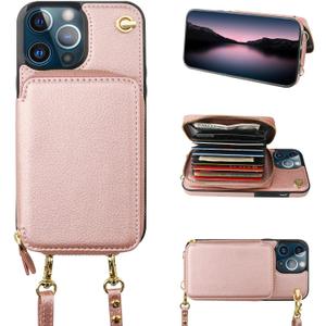 Bocasal Crossbody Wallet Case for iPhone 13 Pro Max, RFID Blocking Leather Purse Case with Card Holder, Protective Handbag Flip Cover with Zipper Wrist Strap Lanyard for Women 5G 6.7 Inch (Rose Gold)