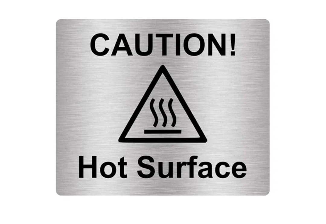 Caution Hot Surface Sign, Adhesive, Sticker, Notice - engraved with Universal Icon Symbol and Text (Size 4.72" x 3.94") (Silver)