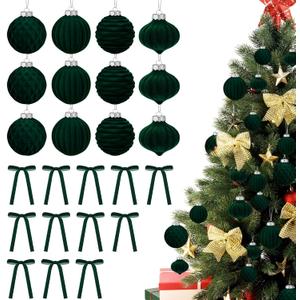 24 Pcs Velvet Christmas Balls Ornaments,Green Christmas Ornaments Include 12Pcs 3.15Inch Xmas Balls 12 Vintage Ribbon Bows,Green Ornaments for Christmas Tree and Indoor Holiday Decor