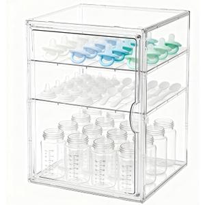 Baby Bottle Organizer, 3 Tiers Acrylic Bottle Storage Organizer Container, Clear Plastic Bottle Station Organizer Mom Gifts with 2 Adjustable Dividers for Kitchen Countertop, Bathroom, Cabinet, Vanity