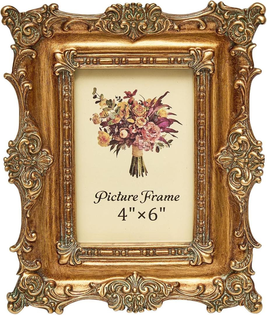 JANDERART Vintage Picture Frame 4x6 Inch, 4 by 6 Ornate Antique Photo Frames with Glass Front, Retro Carving, Tabletop & Wall Hanging, Photo Display, Gold