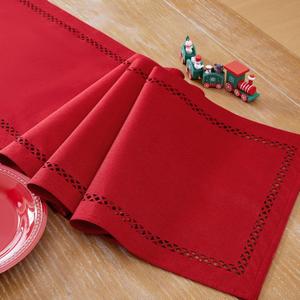 Aoztio Burlap Style Farmhouse 13 x 90 Inch Red Table Runner, Rustic Geometric Hollow Christmas Table Runners 90 Inches Long for Winter Christmas Party Decorations, 13x90 Inches, Red