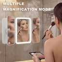 LED Bathroom Shower Mirror with Lights, Trifold Vanity Mirror with Powerful Suction Mount, Rechargeable Makeup Mirror with 2X/3X Magnification, 3 Color Lights & Brightness Adjustable