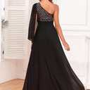 Women's Formal Evening Gowns Dress Long One Shoulder Sparkly Sequin Chiffon Split Cocktail Wedding Guest Ball Dresses (Black, M)