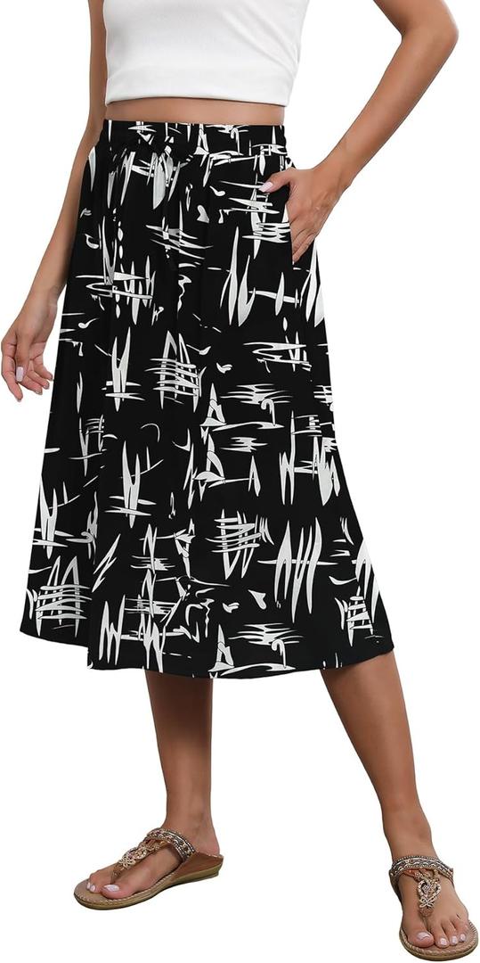Womens Casual Midi Skirt Dresses with Pockets Pleated High Waist Floral Print Knee Length Skirt(White flo-Black,XL) (Black)