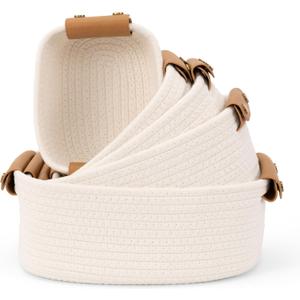 Beautiful Storage Basket Set of 5 - Sturdy Cotton Rope Baskets for Shelves Are Perfect for Organizing Your Home - Quality Storage Bins Easily Fit With Any Nursery or Bedroom Decor (Beige)