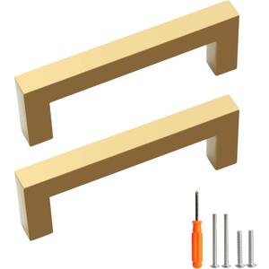 Cabinet Pulls Gold Cabinet Handles Square Drawer Pulls, 10 Pack 3-3/4 Inch Stainless Steel Kitchen Door Cupboard Cabinet Handles, Drawer Hardware Handles, 96mm Hole Centers