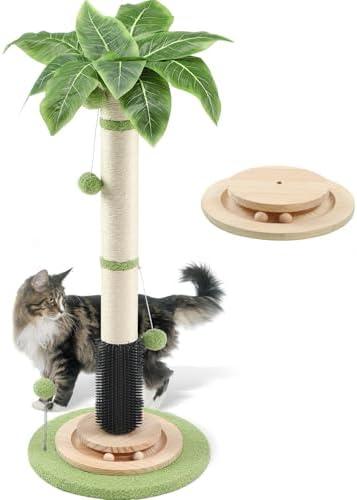 39.4'' Tall Cat Scratching Post,3.5 Inch Wide Sisal Rope Scratching Post for Indoor Adults Kittens,Cat Scratcher with Stable Solid Wood Base Interactive Ball Toys Self Groomer Brush for Large Cats