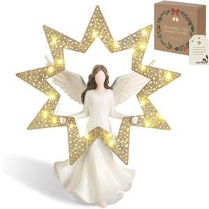 Storieme Angel Christmas Tree Topper: 12 Inch Hand-Painted Resin Figurine with Clip-On Metal Star and LED String Lights - Festive Holiday Home Decor for Xmas Tree Mantel Tabletop