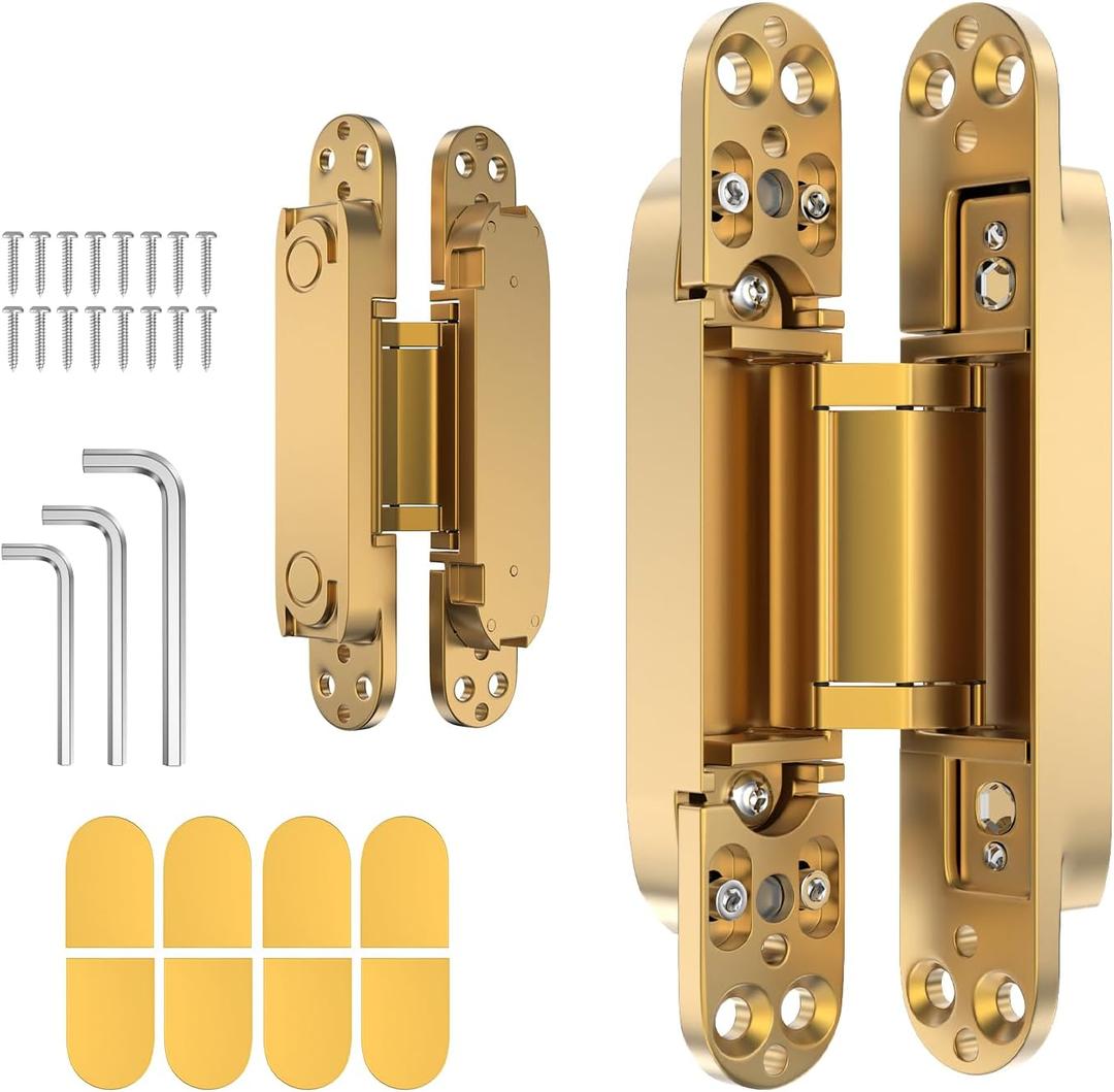 7" 2 pcs Hidden Hinges for Doors Invisible Hinges Concealed Zinc Alloy 180 Degree Swing 3 Way Adjustable Butt Silent Door Hinge 7 x 2.8 x 1 inch (Gold)
