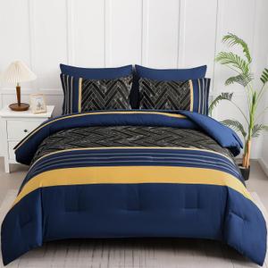Luxudecor Blue and Yellow Comforter Set Queen Size, 7 Pieces Stripe Geometric Bed in a Bag, Marble Comforter and Sheet Set, Soft Microfiber Complete Bedding Sets for All Seasons