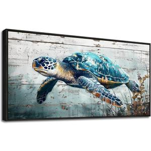 MHARTK66 Office Wall Art Beach Wall Decor Living Room Ocean Sea Turtle Canvas Pictures Coastal Room Teal Vintage Poster Black Framed Modern Nautical Painting Bedroom Ready to Hang Home Decorations (40L" x 20W", Sea Turtles Wall Pictures Black Framed)