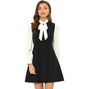 Allegra K Tie Neck Dresses for Women's 1960s Vintage Long Sleeve Contrast Color Dress, M