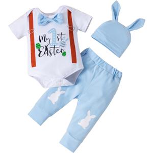 Fairy Baby Infant Baby Boy My First Easter Day Gentleman Outfits Newborn Bow Tie Romper Bunny Pant Clothes Set with Hat 0-18M (0-3 Months, Blue Egg)