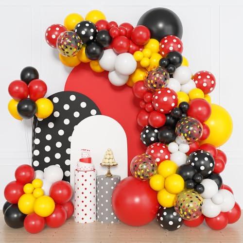 Amandir 153pcs Red Yellow Black Balloon Garland Arch Kit, Different Sizes 18 12 10 5 inch Red Yellow Black Dot Latex Confetti Balloons for Cartoon Mouse Birthday Party Decoration