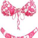 VOLAFA Women's Triangle Bikini Set Swimsuit Print Push Up Elastic Tie String Top Ribbed Two Piece Bathing Suit (Pink, S)