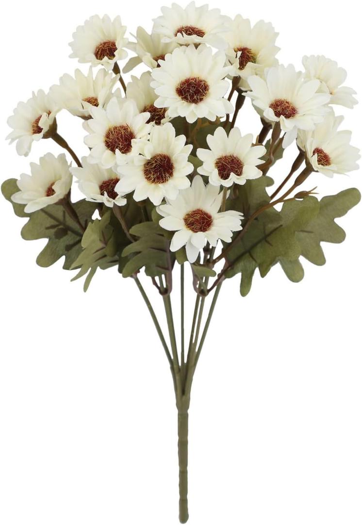 5 Bunches Mini Daisy, Outdoor Faux Plants Silk Floral Arrangements, Fall Flowers Artificial Sunflower Flowers, Wedding Bride Bouquet, Waterproof, Windproof, Look Real, Full, Vibrant (White)