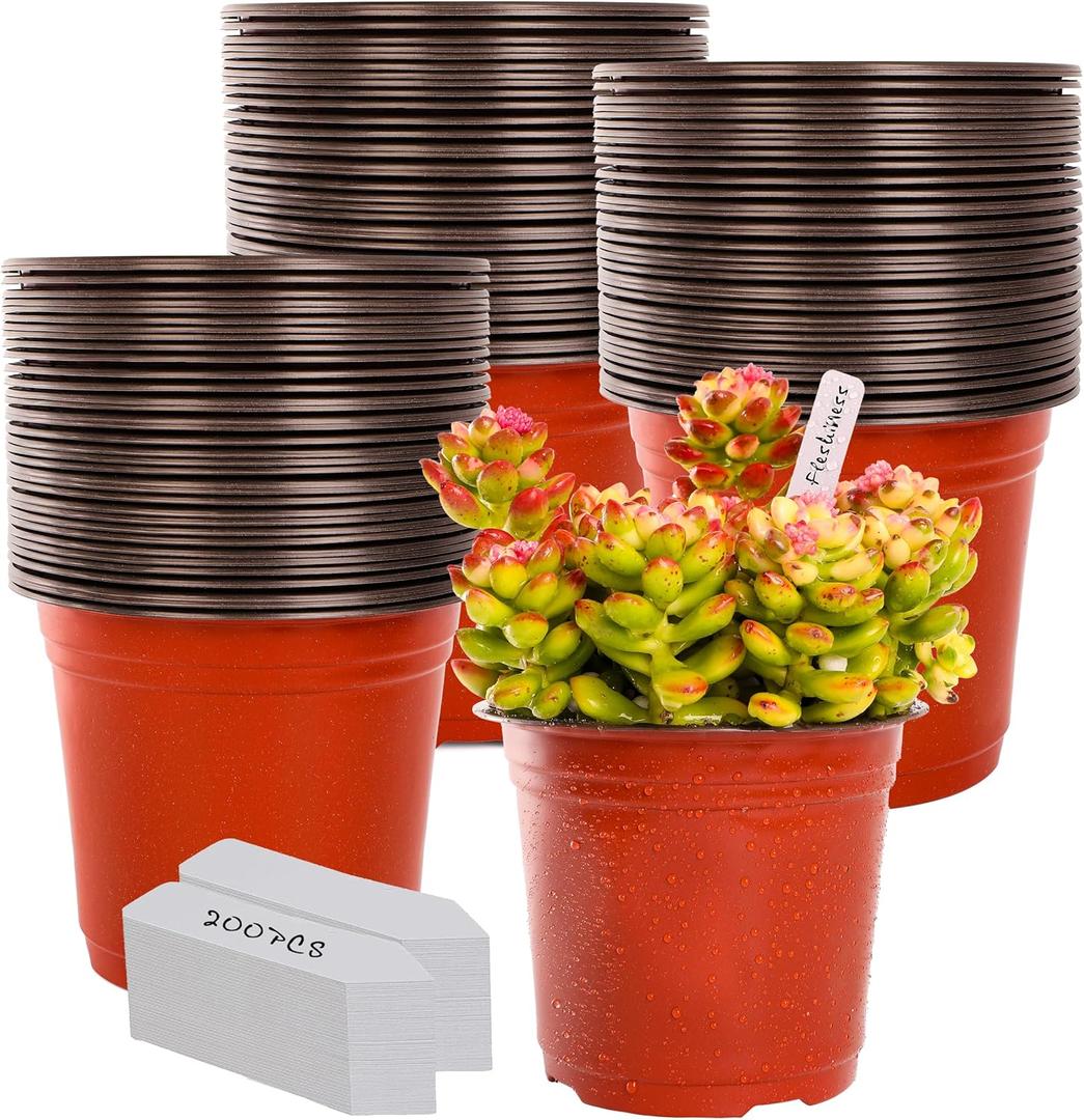 TDHDIKE 6 Inch Plastic Plant Nursery Pot/Pots (200pcs) with 200 Plant Labels - Red Seedling Flower Containers (Indoor/Outdoor) (6inch200)