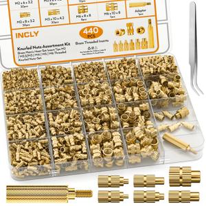 INCLY 440PCS Threaded Inserts Set with Soldering Tip & Adapter, M2 M2.5 M3 M4 M5 M6 Female Thread Metric Knurled Nuts Assortment KitBrass Hardware Nuts for Plastic and 3D Printing Component
