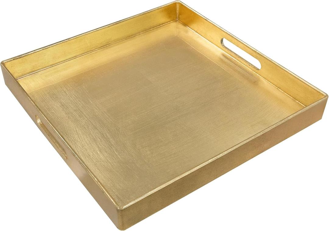 MAONAME Gold Decorative Tray with Handles, Foil Serving Tray for Ottoman, Square Coffee Table Trays for Living Room, Bathroom, 13" L x 13" W x 1.6" H