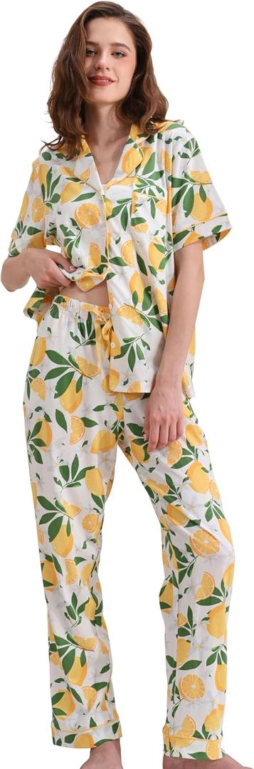 100% Cotton Pajamas for Women Sets 2 Pieces Pjs Button short sleeves with Pockets Soft Sleepwear Loungewear XS-XXL (Yellow Lemon Floral) XL
