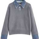 BQDCQB Womens Fall Oversized Long Sleeve Sweaters 2 in 1 Denim Panel Lapel Sweater Polo Knit Sweater Tops, M