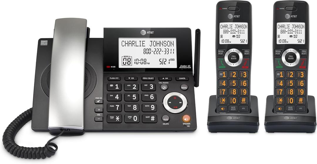 AT&T DECT 6.0 Corded/Cordless Home Phone with 2-Handset and Answering Machine, Smart Call Blocker, Caller ID, Large Backlit Display, Big Button, Speakerphone, Intercom: CL84218 (Charcoal Black)