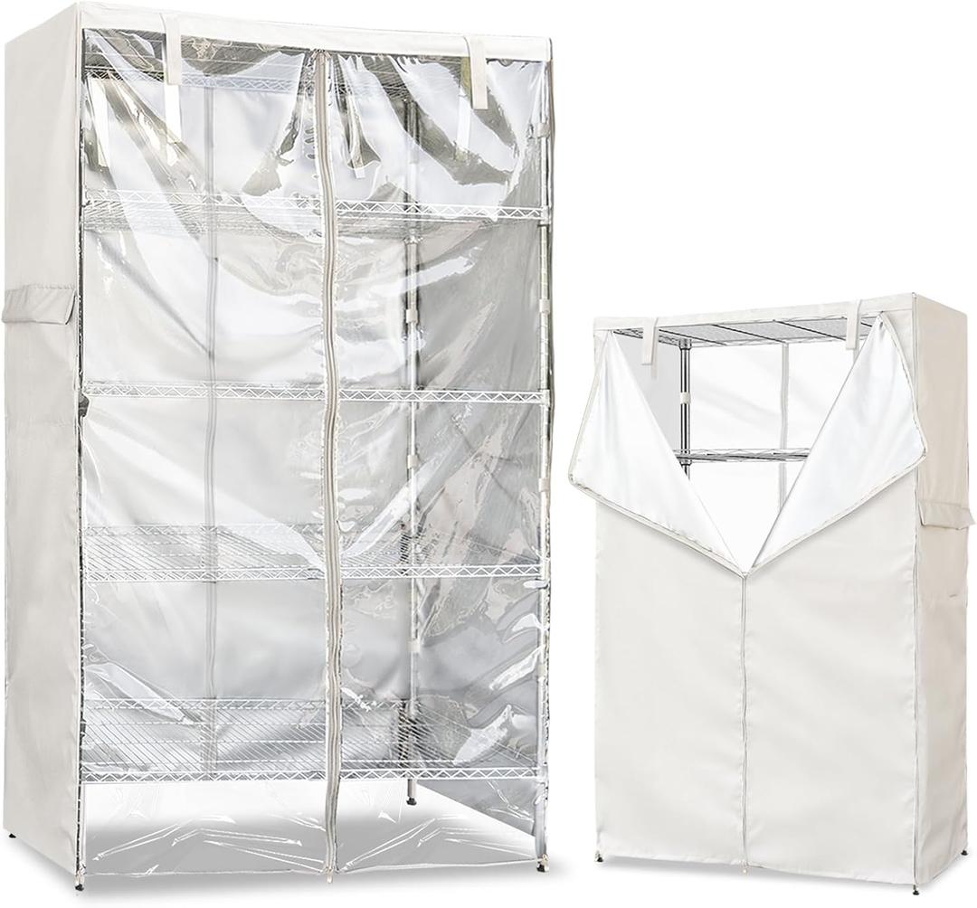 Wire Rack Covers,Heavy Duty 600D Dustproof Waterproof Storage Rack Covers for Metal Shelves,Storage Shelf Cover with Zipper for Wire Shlef,30''W x 14''D x 63''H,Beige with Clear Front