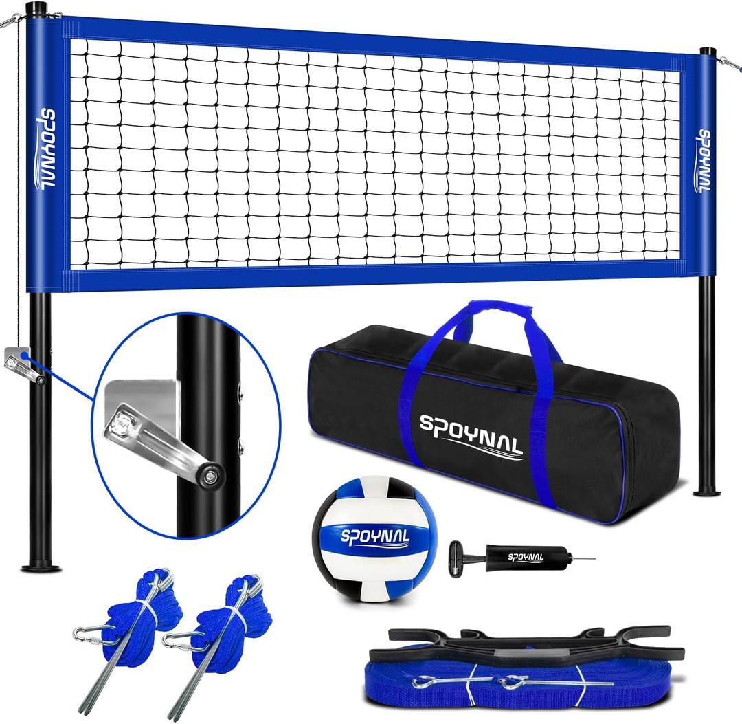 Outdoor Portable Volleyball Net Set with Adjustable Height Steel Poles, Volleyball, Anti-sag Winch System, Pump, Boundary Line, and Carry Bag for Backyard, Beach, Lawn, Blue