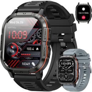 Smart Watch for Men Fitness Tracker: Make/Answer Call Military Smart Watches for Men Digital Watches Run Waterproof Smartwatch Android Phones iPhone Samsung Compatible Heart Rate Monitor Orange Black