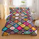 Nttopship Polychrome Bohemia Comforter Sets King Size, Rhomboid Forms Pattern Bedding Set for Your Room, Abstract Soft Lightweight Quilted Set All Season 1 Comforter and 2 Pillowcases